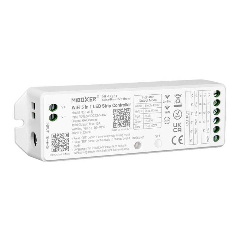 Producto de Controlador Regulador LED WiFi 5 en 1 para tira Monocolor/CCT/RGB/RGBW/RGBWW 12/48V DC MiBoxer