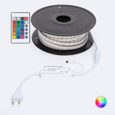 Bobina Tira LED RGB 220V AC 192 LED/m Ancho 14 mm 25 Metros IP65 Corte Soldable 10 cm