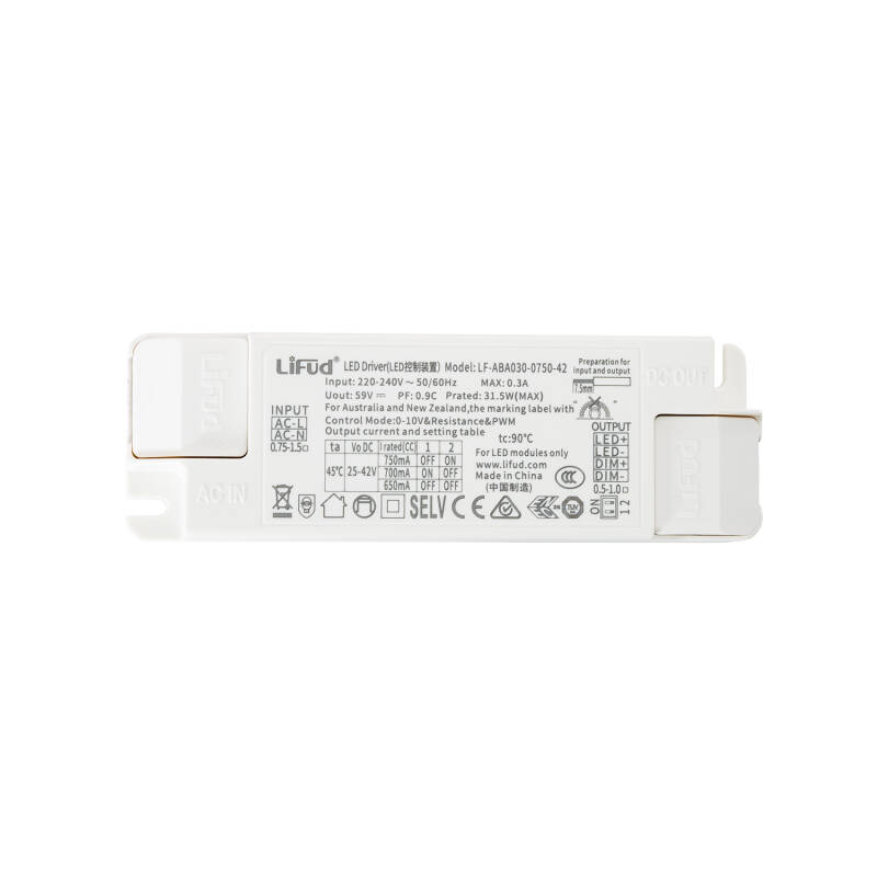 Producto de Driver LIFUD Regulable 0-10V 220-240V No Flicker Salida 25-42V 650-750mA 25-30W LF-ABA030-0750-42